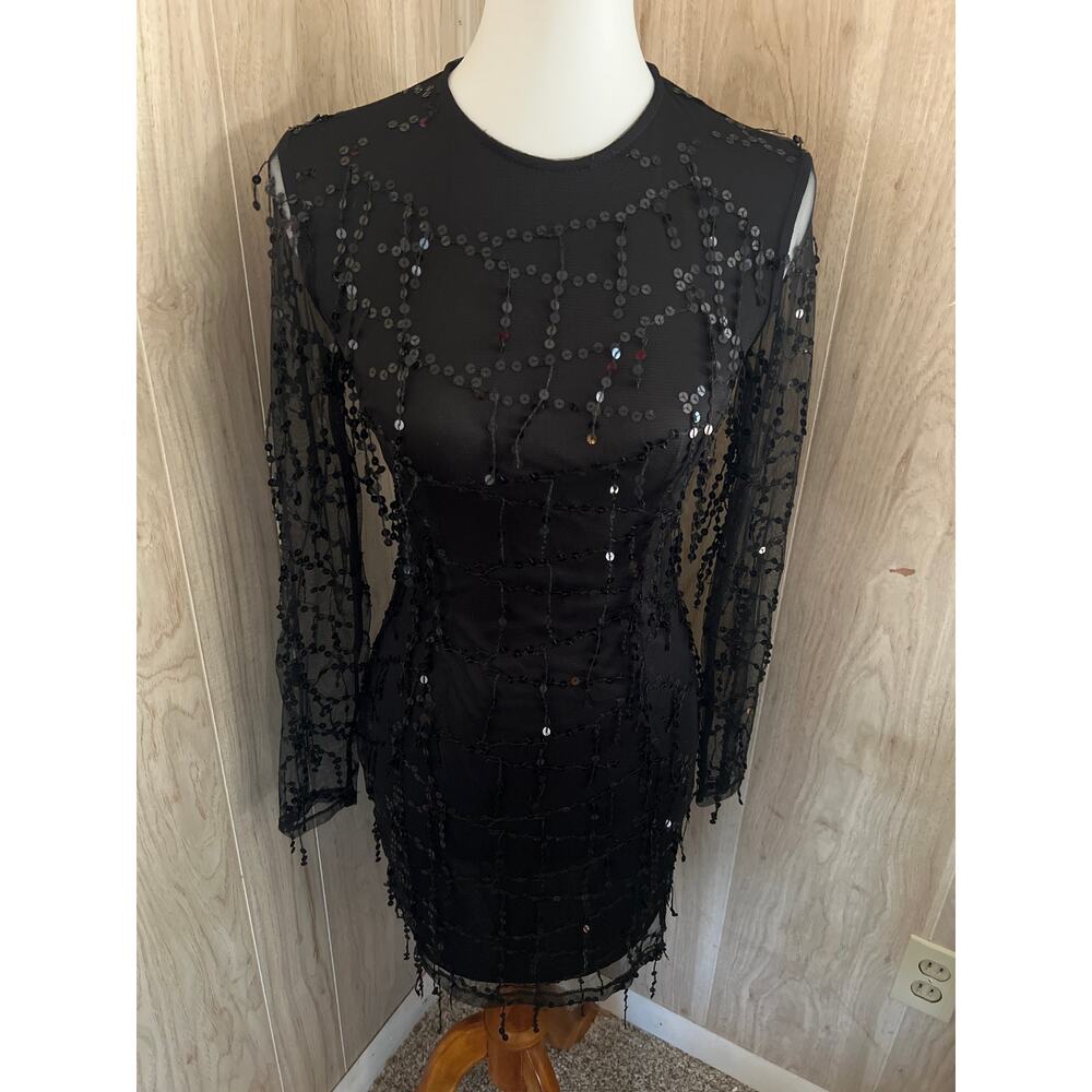 PrettyLittleThings Black Sequin Detail Long Sleeve Mini Dress Size 4 New